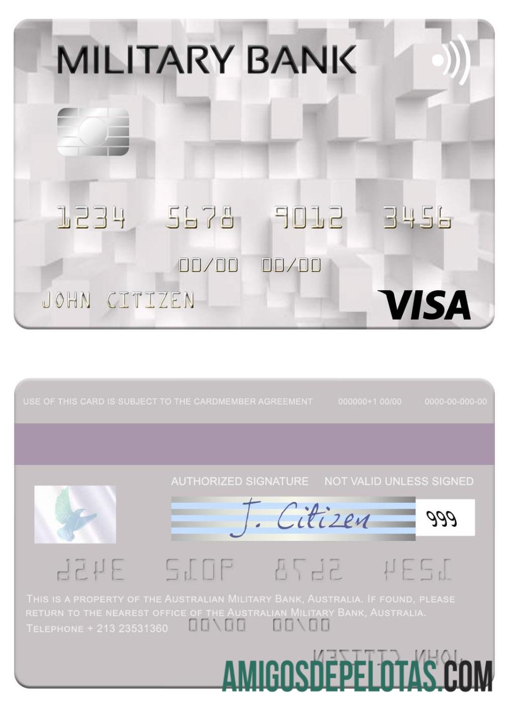 Cartão Visa do Banco Militar Australiano da Austrália exemplo real